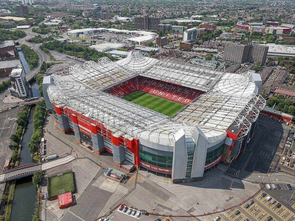 Old Trafford from the air, the pitch bright green inside the stand roofs