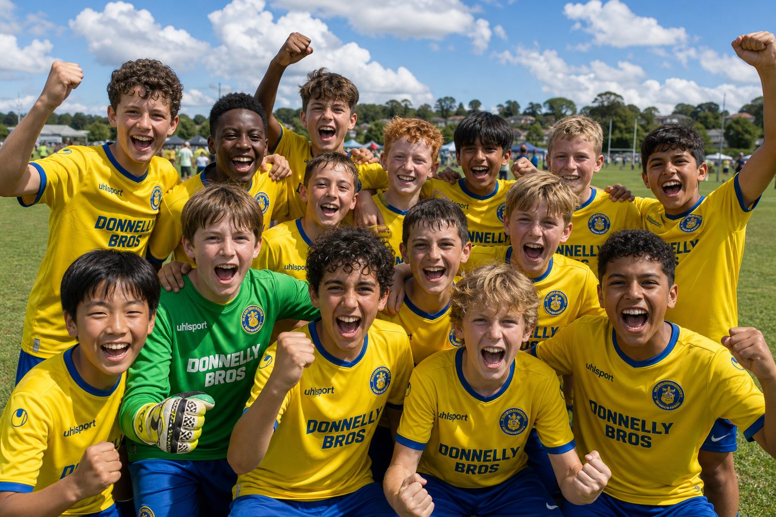 A squad in yellow kit celebrating together on the pitch in the sunshine